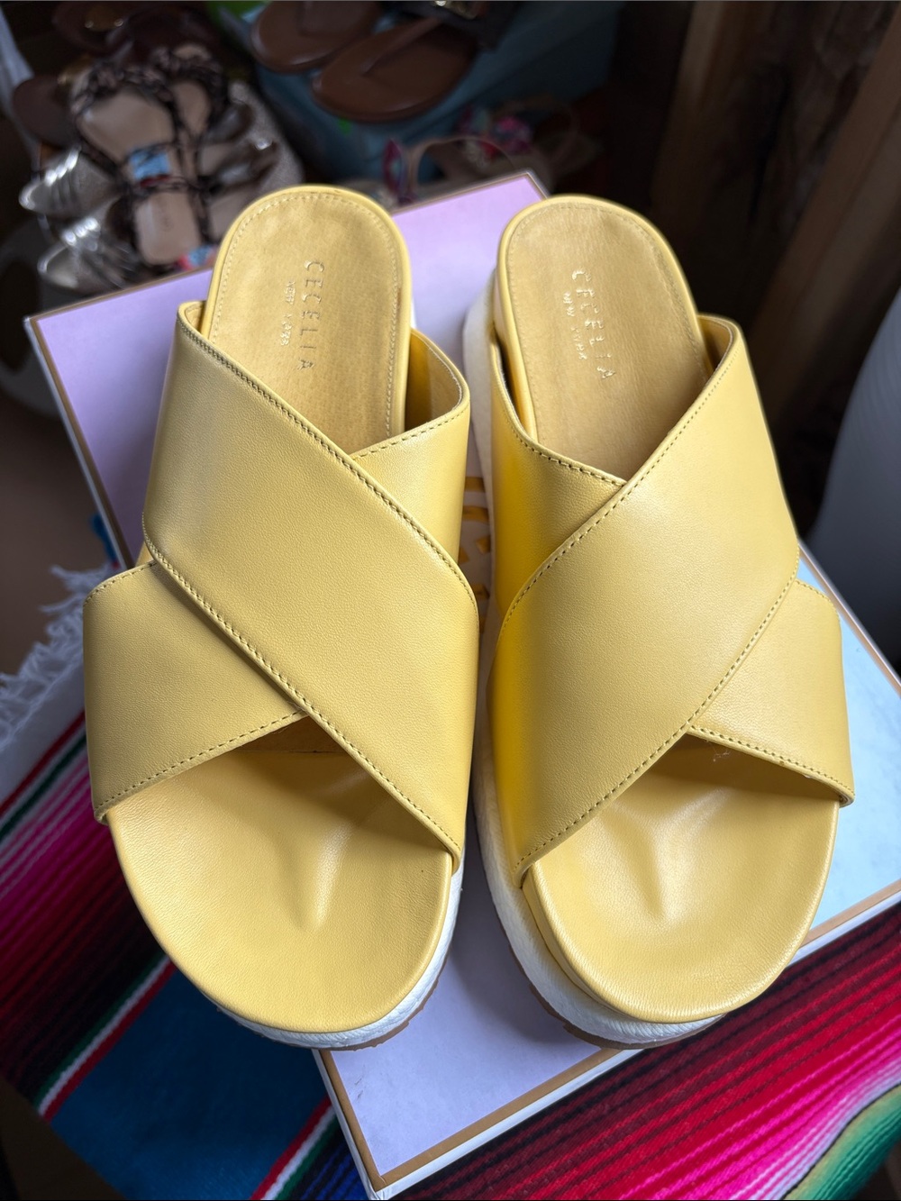CECELIA NEW YORK Yellow Crisscross Slide Mules